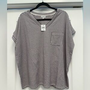 NWT- J. Jill Striped V-Neck Pocket Tee - White & Violet, Size Medium Tall